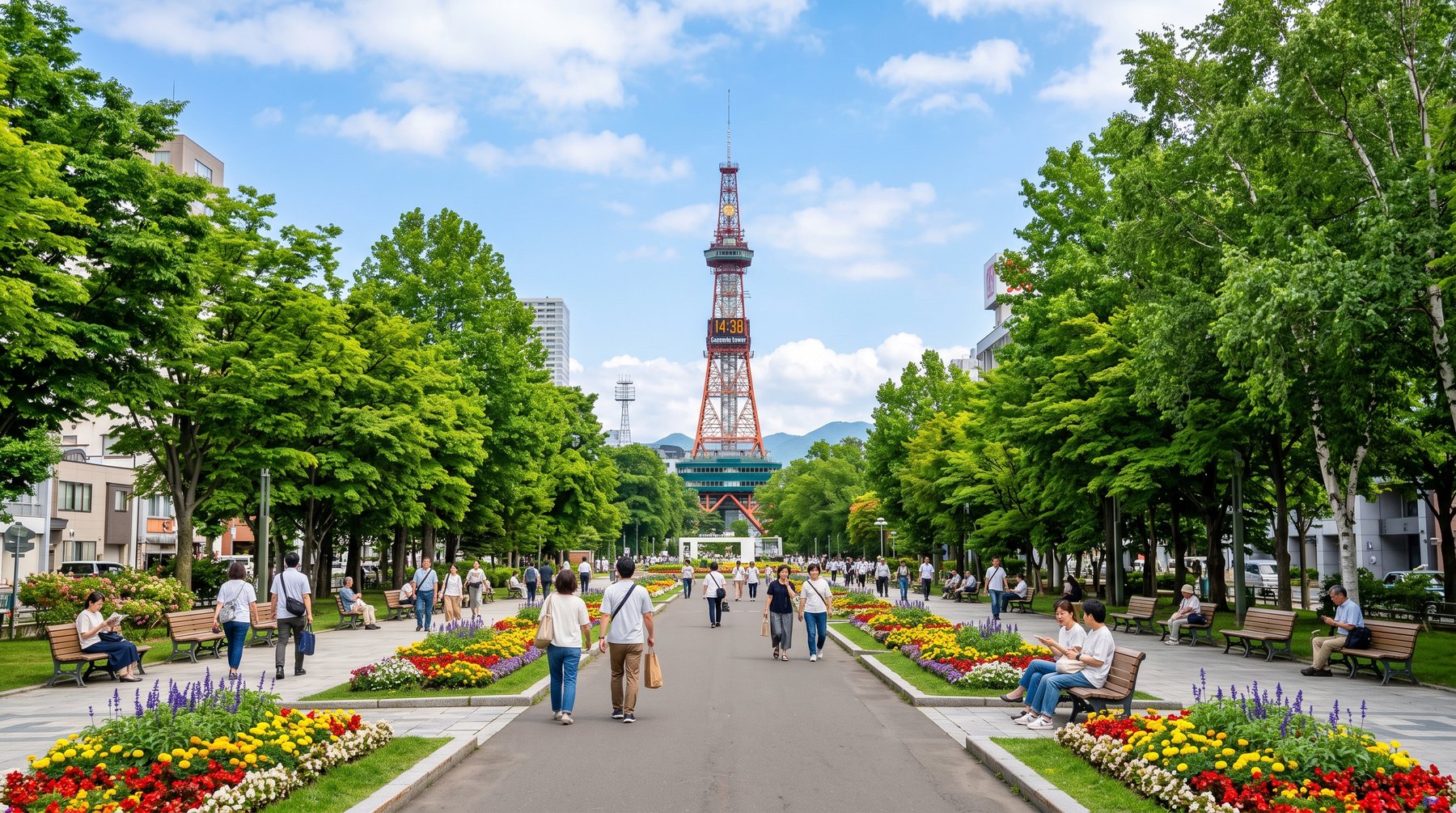 札幌・大通公園とテレビ塔の夏の風景